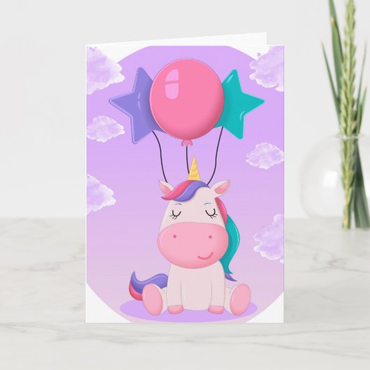 Cute Sitting Unicorn and Balloons Lilac Kaart (Voorkant)
