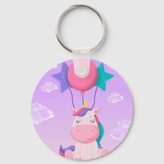 Cute Sitting Unicorn and Balloons Lilac Sleutelhanger (Voorkant)