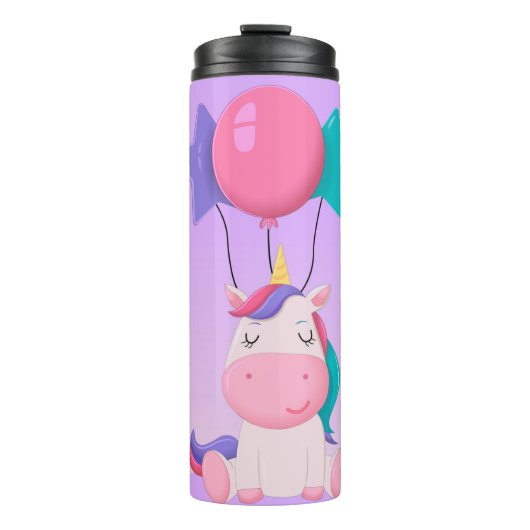 Cute Sitting Unicorn and Balloons Lilac Thermosbeker (Voorkant)