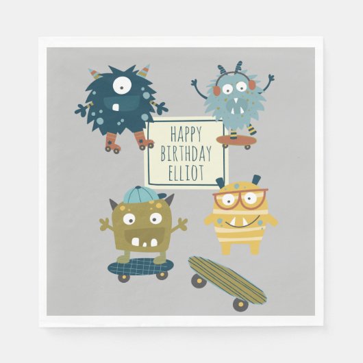Cute Skateboard Monsters Personalized Birthday Servet (Voorkant)
