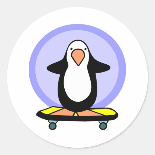 Cute Skateboarder Penguin Skateboarding Fun Ronde Sticker (Voorkant)