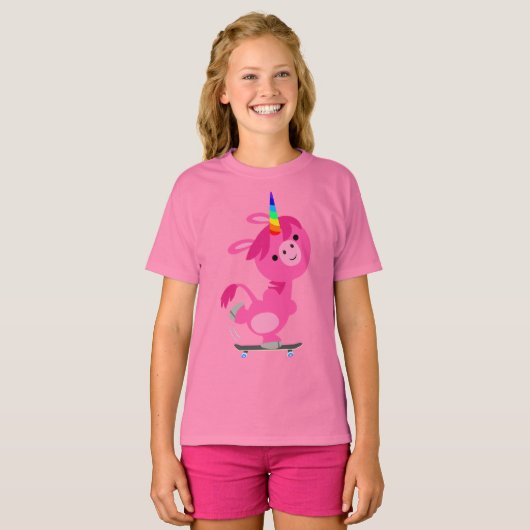 Cute Skateboarding Cartoon Unicorn Kinder T-Shirt (Voorkant volledig)