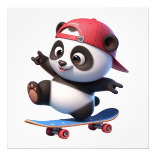 Cute Skateboarding Panda Illustratie Foto Afdruk