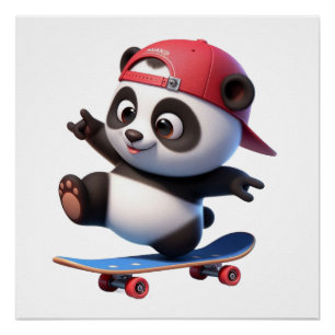 Cute Skateboarding Panda Illustratie Perfect Poster