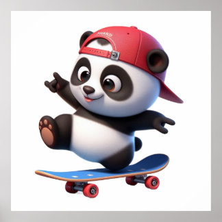 Cute Skateboarding Panda Illustratie Poster