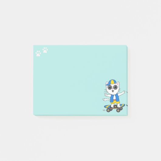 Cute Skater Cat op Light Blauwgroen Blue Post-it® Notes (Voorkant)