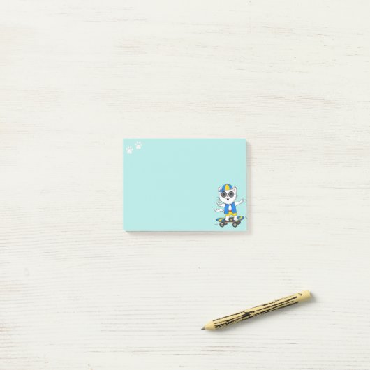 Cute Skater Cat op Light Blauwgroen Blue Post-it® Notes (Op bureau)