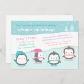 Cute Skating Penguins Birthday Party Invitations Kaart (Voorkant / Achterkant)