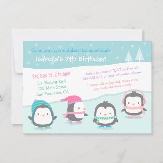 Cute Skating Penguins Birthday Party Invitations Kaart (Voorkant)