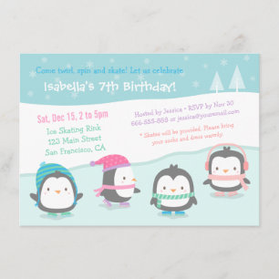 Cute Skating Penguins Birthday Party Invitations Kaart