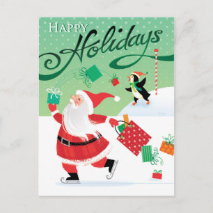 Cute Skating Santa Happy Holidays Postcard Feestdagenkaart
