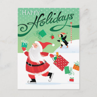 Cute Skating Santa Happy Holidays Postcard Feestdagenkaart