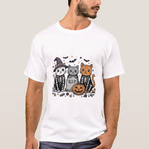 Cute Skeletkatten Halloween Vintage Gravure Shi T-shirt