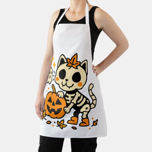 Cute Skeleton Cat All-Over Print Apron, Medium Schort (Insitu)