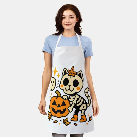 Cute Skeleton Cat All-Over Print Apron, Medium Schort (Gedragen)