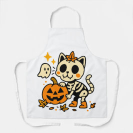 Cute Skeleton Cat All-Over Print Apron, Medium Schort