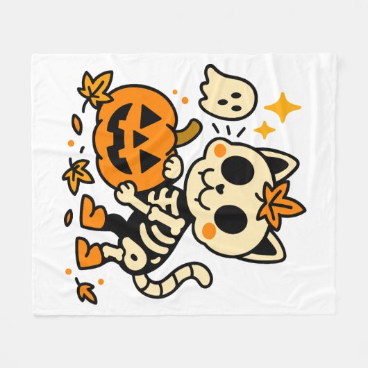Cute Skeleton Cat with Pumpkin Fleece Blanket (Voorkant (Horizontaal))