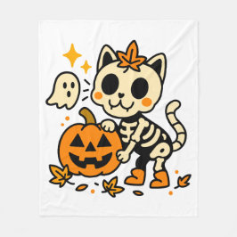 Cute Skeleton Cat with Pumpkin Fleece Blanket Deken