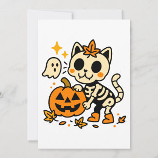 Cute Skeleton Cat with Pumpkin Invitation Kaart