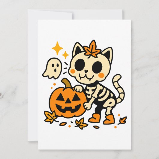 Cute Skeleton Cat with Pumpkin Invitation Kaart (Voorkant)