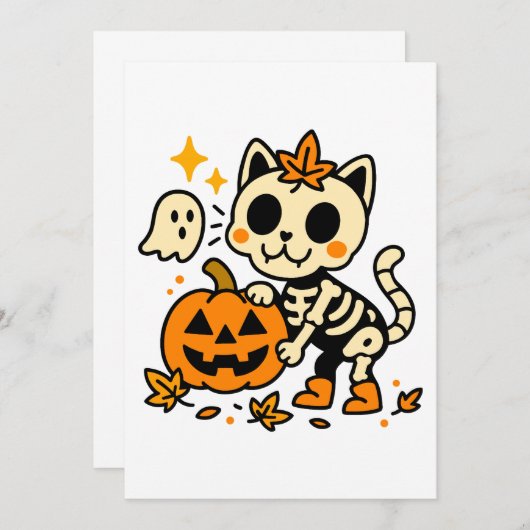 Cute Skeleton Cat with Pumpkin Invitation Kaart (Voorkant / Achterkant)