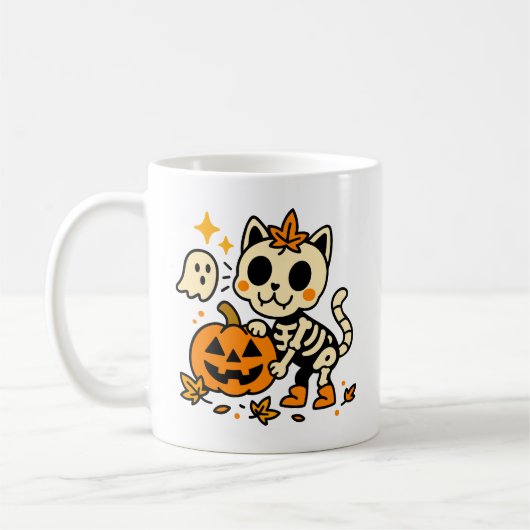 Cute Skeleton Cat with Pumpkin Mug Koffiemok (Links)