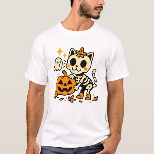 Cute Skeleton Cat with Pumpkin T-Shirt (Voorkant)