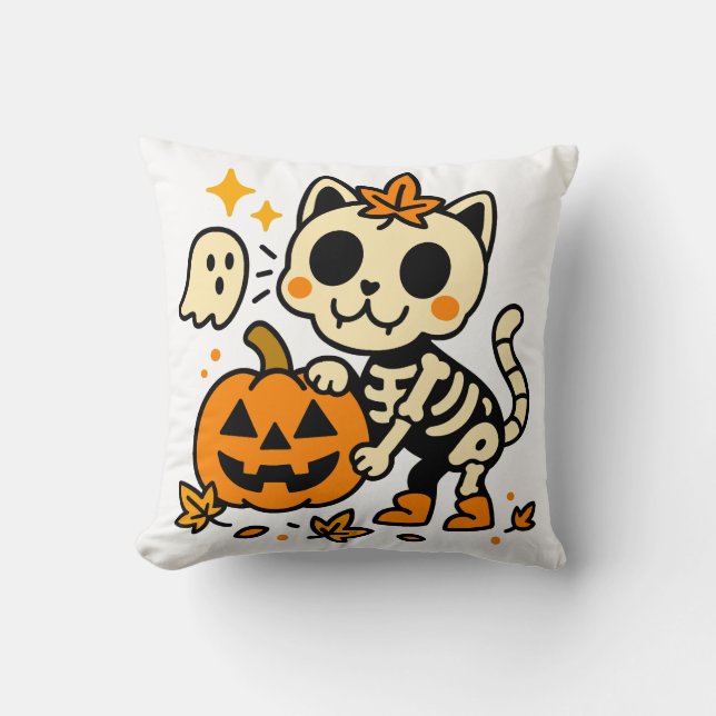 Cute Skeleton Cat with Pumpkin Throw Pillow Kussen (Voorkant)