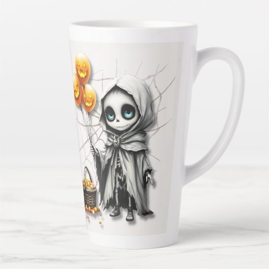Cute Skeleton Girl with Pumpkin Balloons Latte Mok (Rechts)