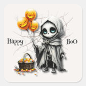 Cute Skeleton Girl with Pumpkin Balloons Vierkante Sticker (Voorkant)