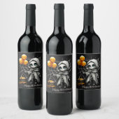Cute Skeleton Girl with Pumpkin Balloons  Wijn Etiket (Flessen)