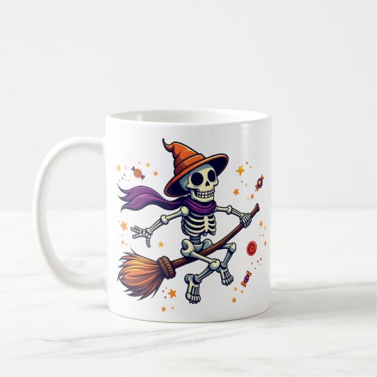 Cute Skeleton Riding Broom Halloween Mug Koffiemok (Links)