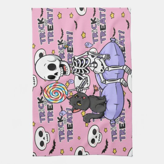 Cute Skeletons Roze Voor Halloween Theedoek (Verticaal)