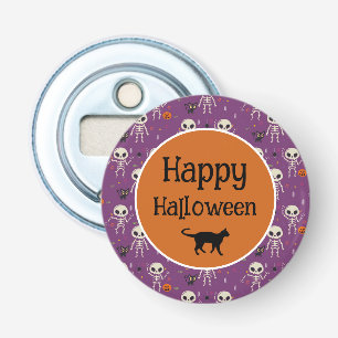 Cute Skeletten en Kat Halloween Paars en Oranje Button Flesopener