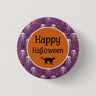 Cute Skeletten en Kat Halloween Paars en Oranje Ronde Button 3,2 Cm