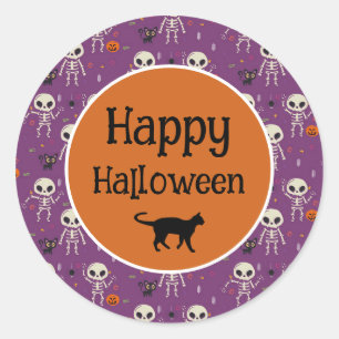 Cute Skeletten en Kat Halloween Paars en Oranje Ronde Sticker