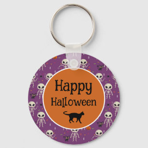 Cute Skeletten en Kat Halloween Paars en Oranje Sleutelhanger