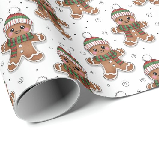 Cute Sketchy Gingerbread Man in Winter Hat Pattern Cadeaupapier (Rol Hoek)