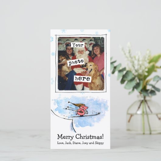 Cute Ski Jumping Flying Pig Kerstmis | Uw foto Feestdagenkaart (Staand voorkant)
