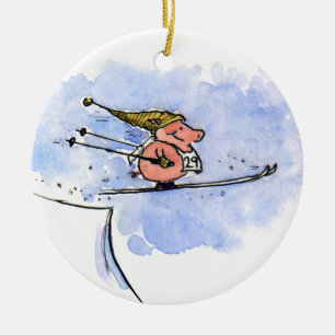 Cute Ski Jumping Pig Winter Holiday Kerstmis Keramisch Ornament