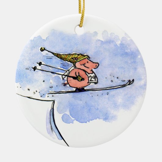 Cute Ski Jumping Pig Winter Holiday Kerstmis Keramisch Ornament (Voorkant)