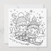 Cute Skiing  Christmas Reindeer with Coloring Page Feestdagenkaart (Achterkant)