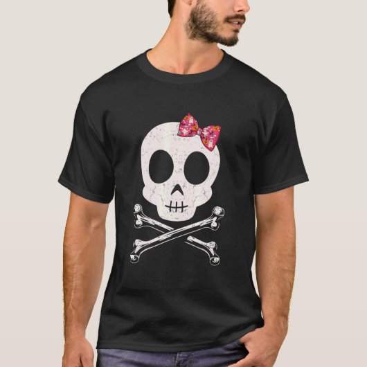 Cute Skull en Crossbones Roze Stropdas Halloween S T-shirt (Voorkant)