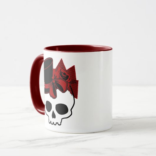 Cute Skull met bovenste Roos Red Bow Mok (Voorkant links)