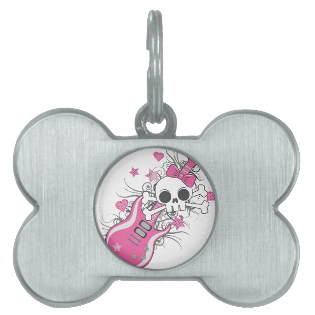 Cute Skull met roze gitaar Huisdieren Naamplaatje (voorkant)