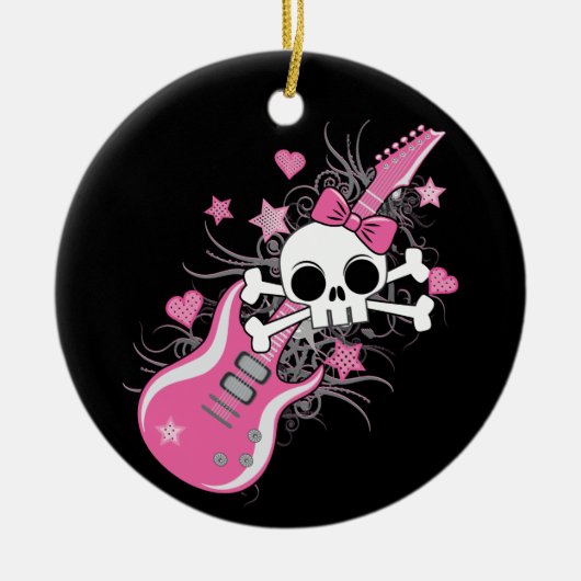 Cute Skull met roze gitaar Keramisch Ornament (Voorkant)