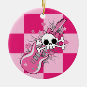 Cute Skull met roze gitaar Keramisch Ornament