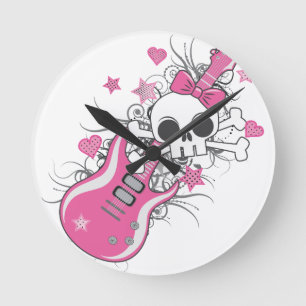 Cute Skull met roze gitaar Ronde Klok