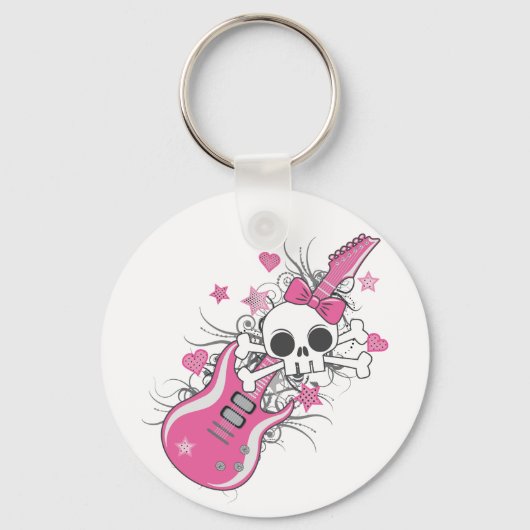 Cute Skull met roze gitaar Sleutelhanger (Voorkant)