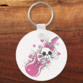 Cute Skull met roze gitaar Sleutelhanger (Voorkant)